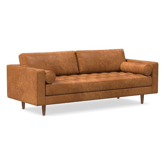 Dennes 88"" Sofa, Down Blend, Outback Leather, Tan, Walnut | West Elm (US)