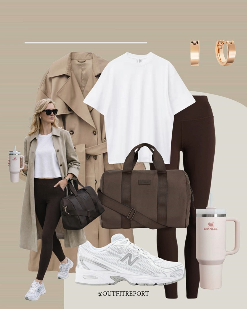 Trench coat sport outfit leggings cropped white tshirt tee and new balance sneakers trainers 

#LTKeurope #LTKspring #LTKstyletip
