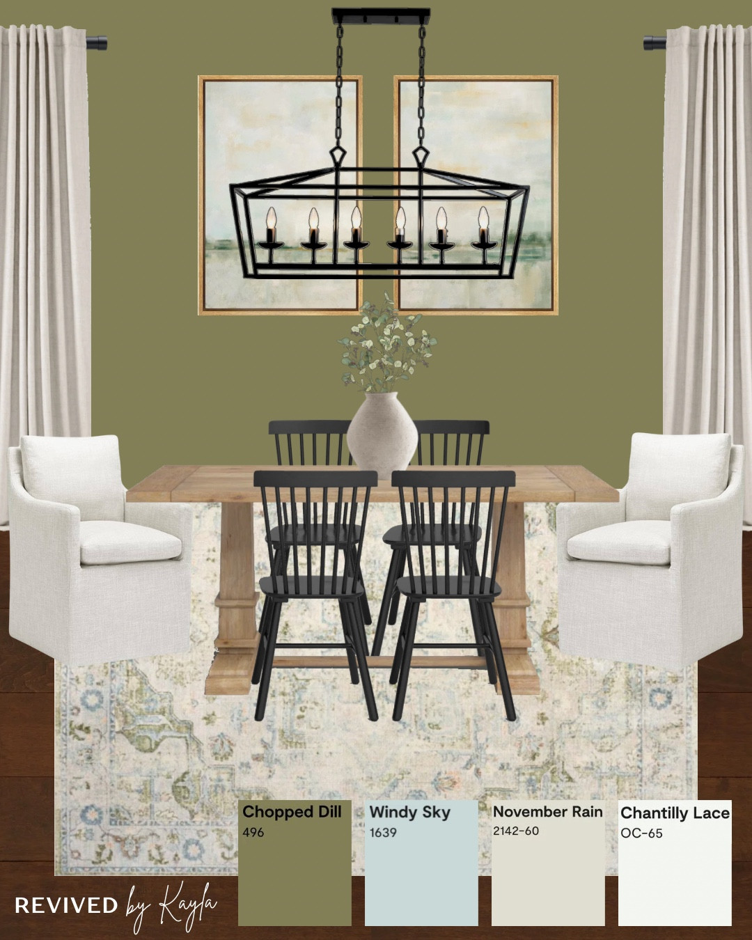Green and beige dining room design with paint colors from Benjamin Moore 🌿 Swipe to see it with blue walls! 

Light wood dining table, black dining chairs, beige dining chairs, green and blue rug, beige curtains, black farmhouse light fixture, green wall art framed canvas, black curtain rod

#diningroom #diningroomdecor #diningroomfurniture #homedecor #homedesign #furniture #diningtable #farmhouse #modern #cozy #neutral #homeinspo #colorpalette #paintcolors #greendiningroom #wayfair 

#LTKFindsUnder50 #LTKFindsUnder100 #LTKHome