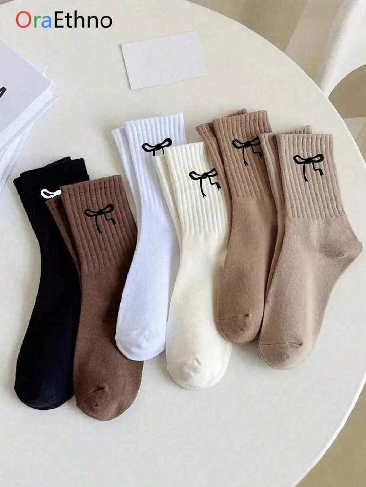 1/3/5/10 Pairs Random Women Crew Socks With Bow Design, Comfortable Casual Moisture-Wicking Thick Socks, Fun, Unique, Personalized Gift Idea For Autumn/Winter | SHEIN