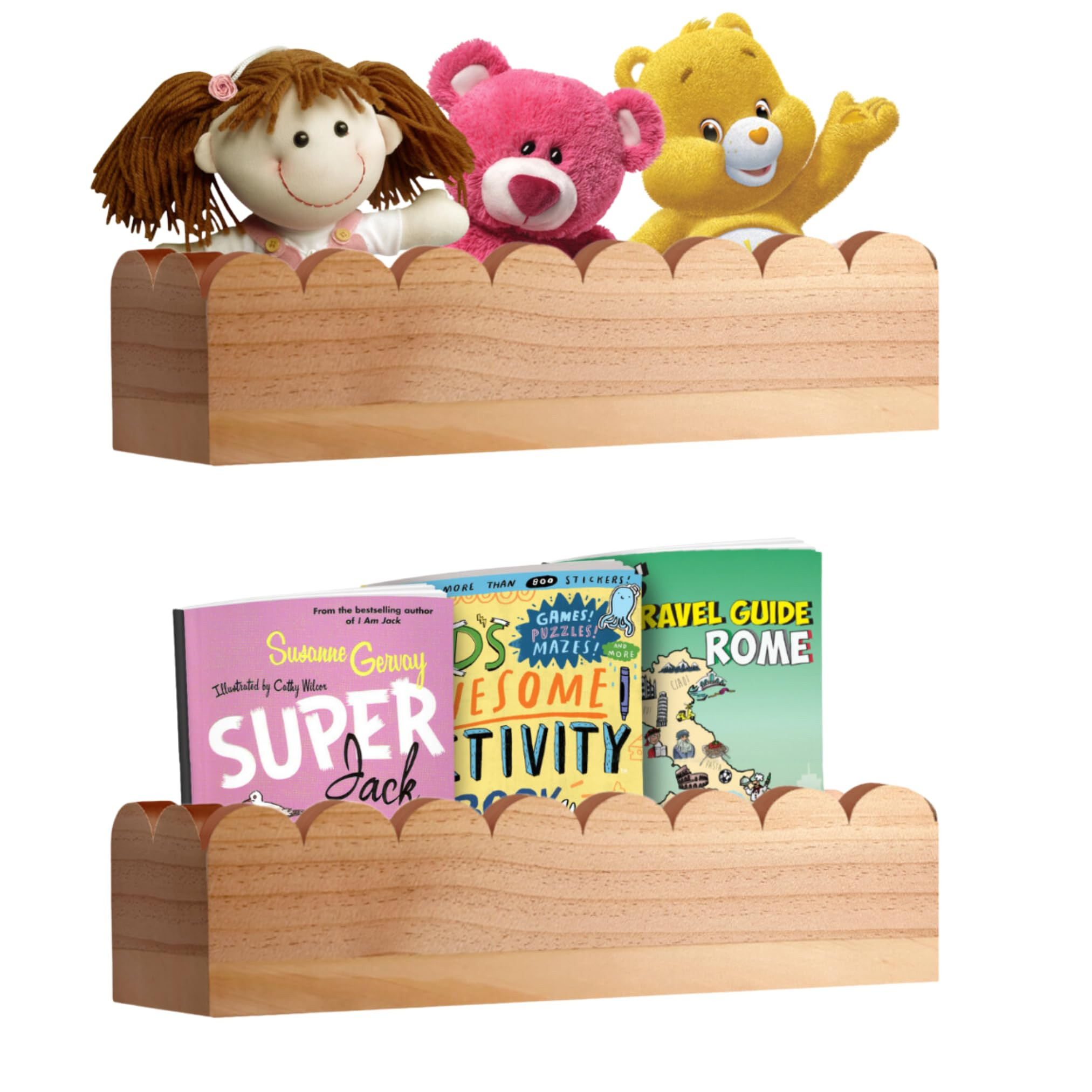 Scalloped Shelves - Set of 2 Pre-assembled Floating Nursery Book Shelves, Natural Wood Scalloped ... | Amazon (US)