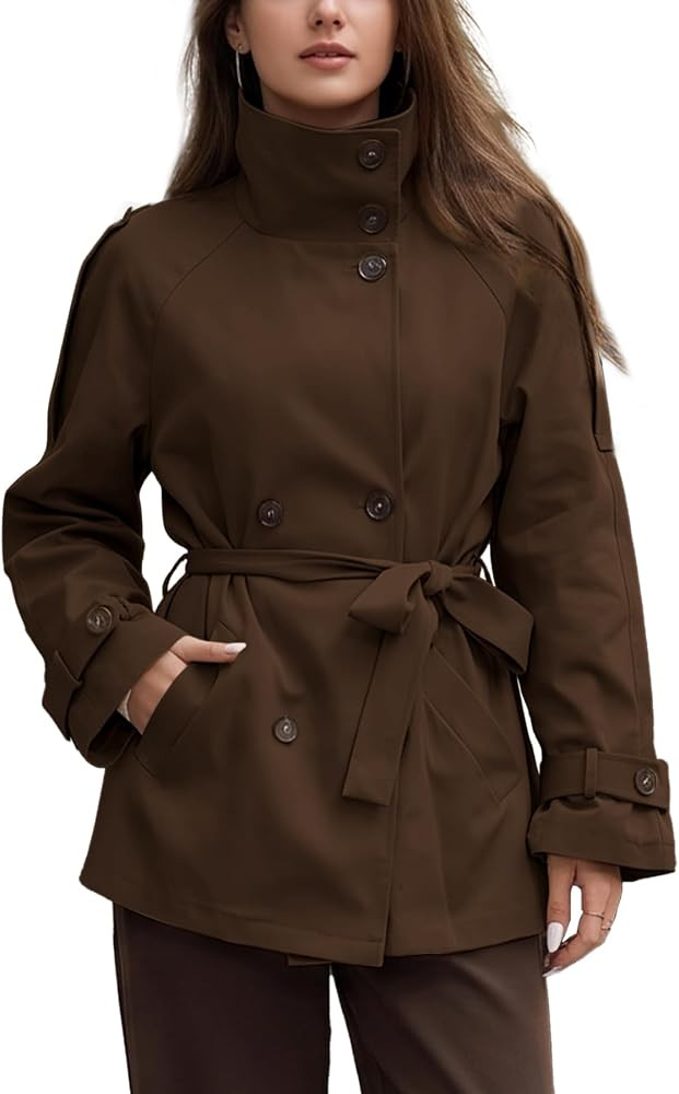 Ainangua Women Double Breasted Windbreaker High Neck Button Down Jackets | Amazon (US)