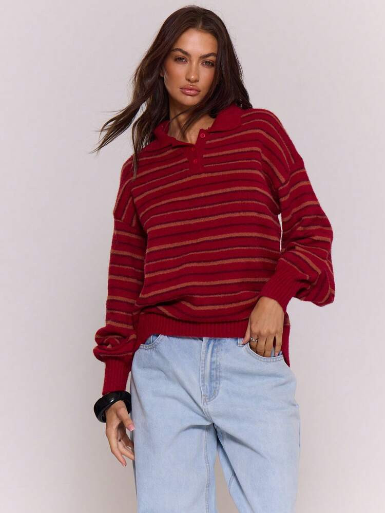 MUSERA Relaxed Fit Knit Striped Collared Button Long Sleeve Polo Sweater Spring Cute Spring Casual Y2k 90'S Stripe Sunday Best Oversized Sweater Airport Fall Back To School Autumn Winter Everyday Christmas | SHEIN