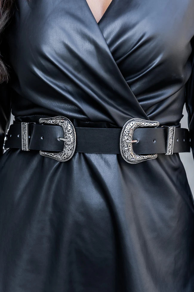 Wrangle You In Black Double Buckle Belt - Pink Lily | Pink Lily