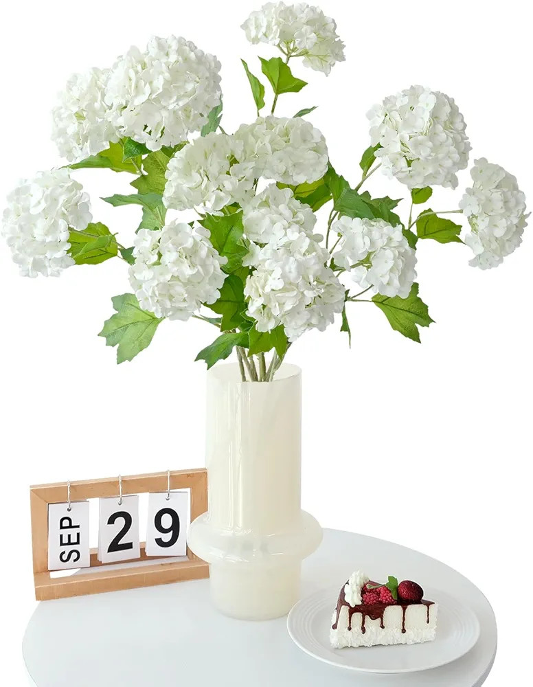 White Flowers Viburnum Hydrangea Artificial Flowers,4pcs Snowball Bush Real Touch Flowers, Long S... | Amazon (US)