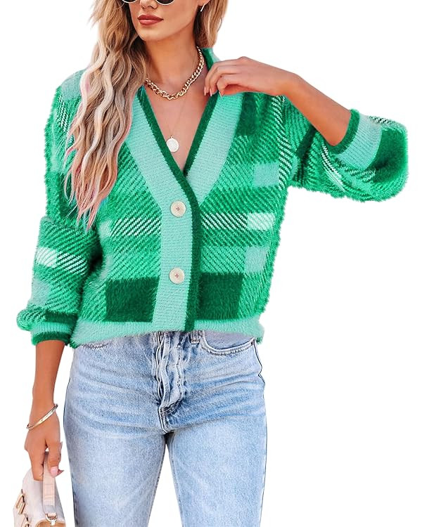 Imily Bela Womens Cardigan Sweaters Plaid Fuzzy Knit V Neck Button Down Long Sleeve Cozy Cardigan... | Amazon (US)