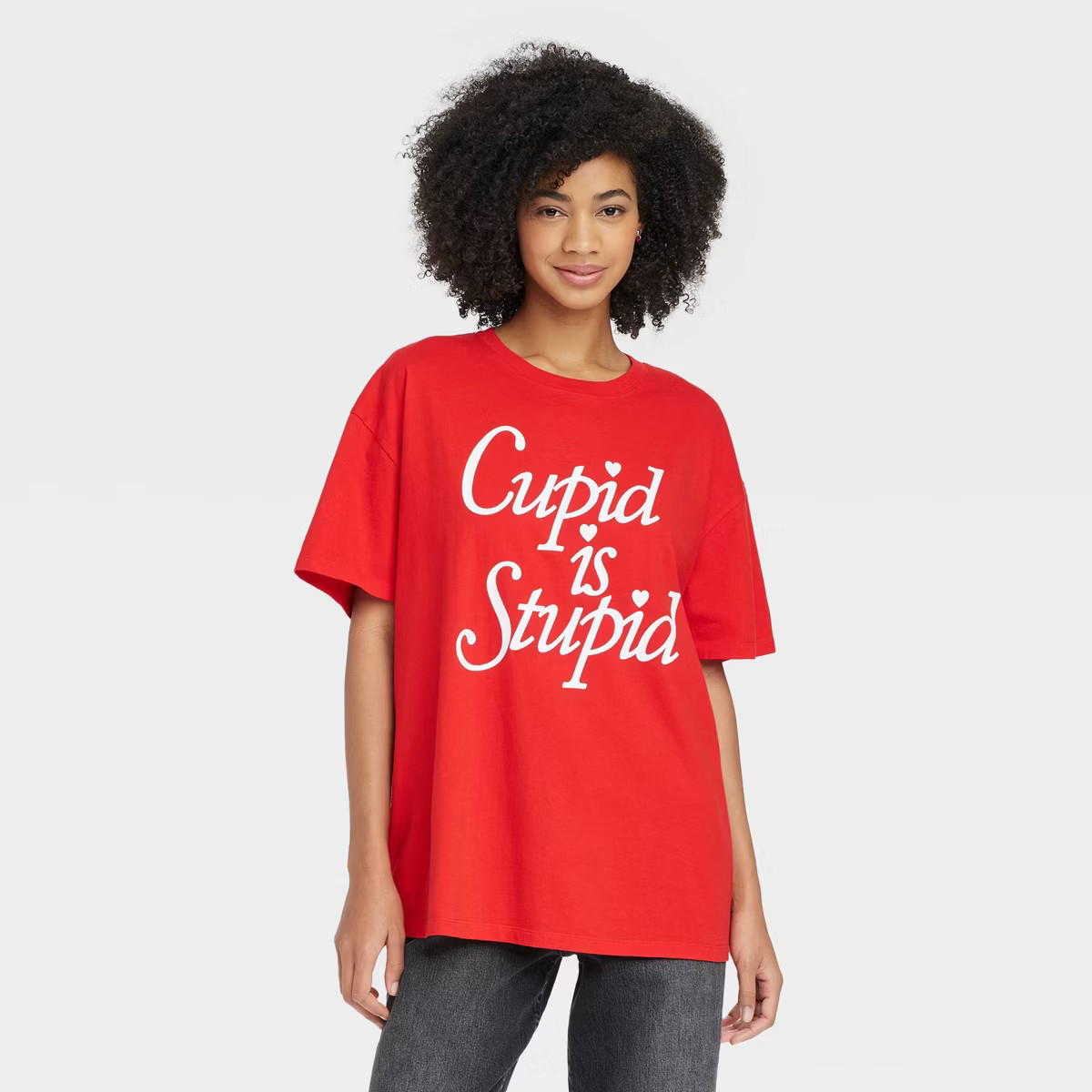 Women's Cupid Is Stupid Oversized Short Sleeve Graphic T-Shirt - Red | Target