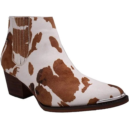 Kathaya Womens Booties with Cow Print Slip On Round Toe Suede Ankle Boots for Women Low Heel Boots | Walmart (US)