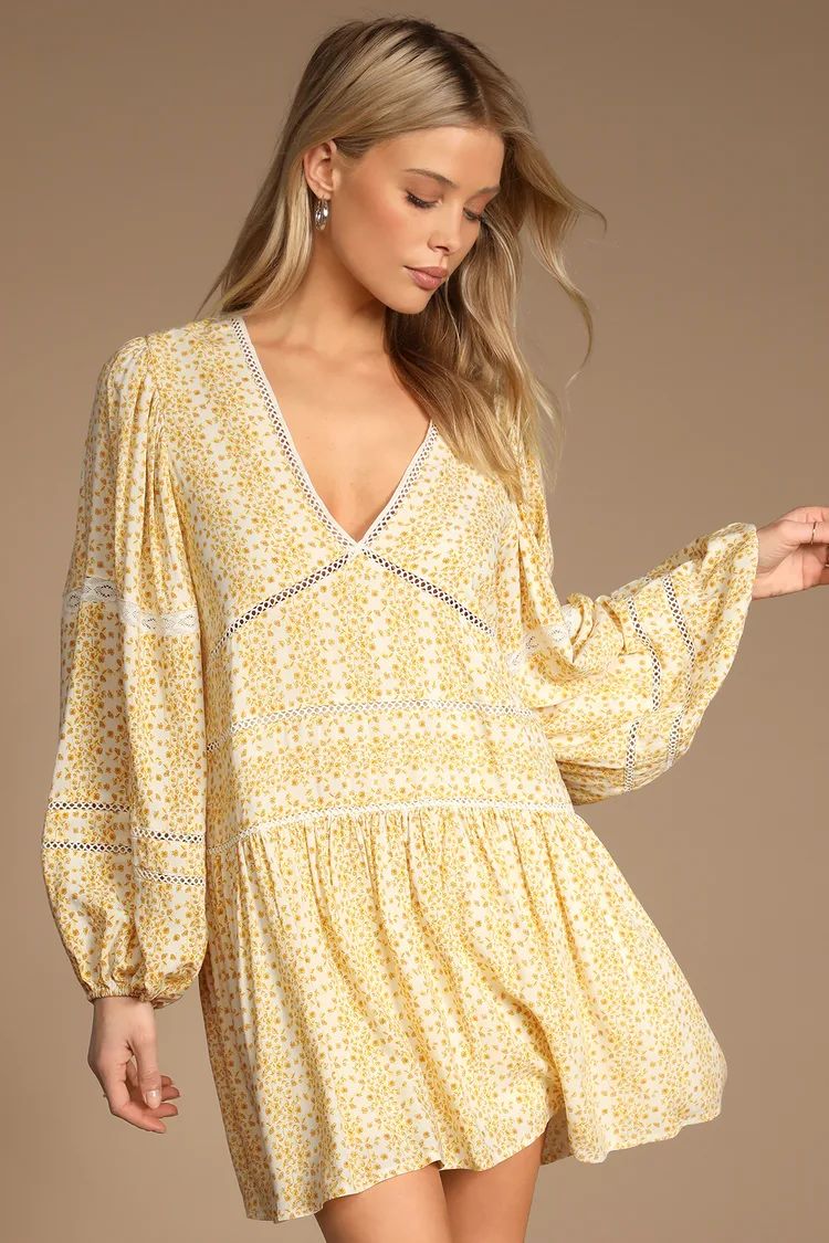 Era of Style Yellow Floral Print Long Sleeve Babydoll Mini Dress | Lulus (US)
