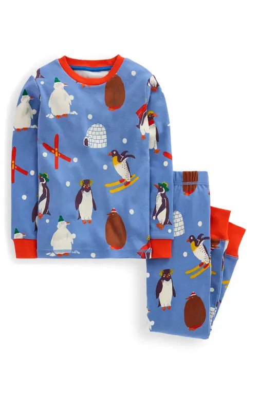 Mini Boden Kids' Glow in the Dark Print Fitted Two-Piece Cotton Pajamas in Blue Marl Penguins at Nordstrom, Size 6Y | Nordstrom