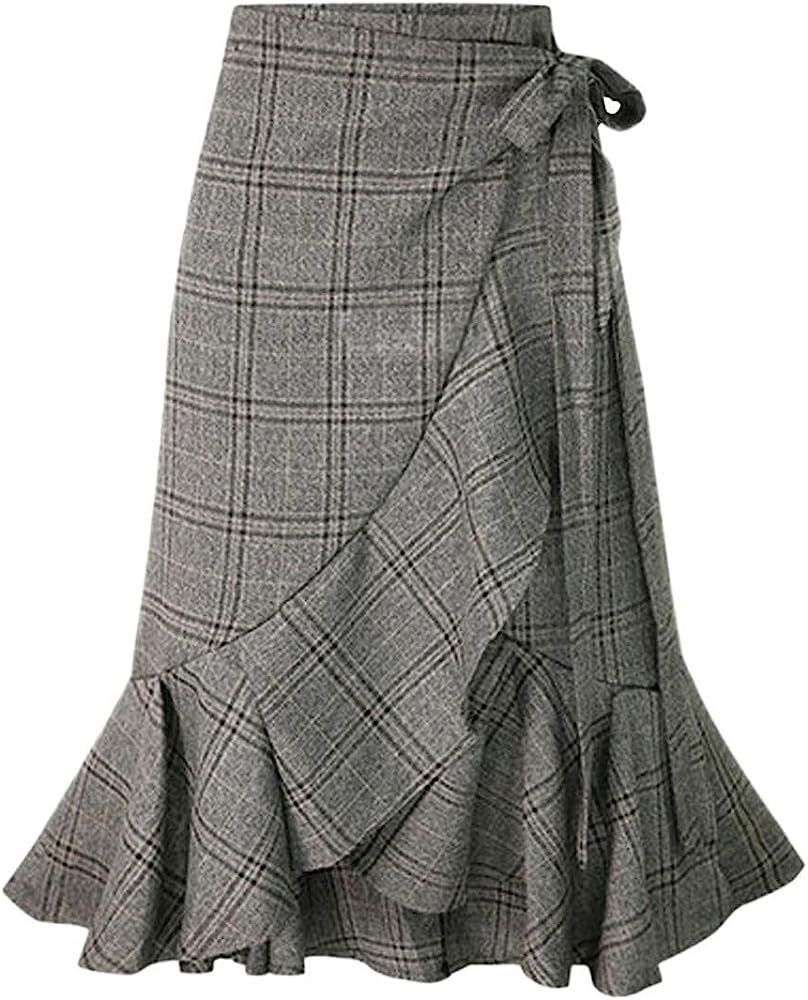 chouyatou Women's Elegant Work Wear Adjustable Waist Flounce A-Line Plaid Midi Wrap Skirt | Amazon (US)