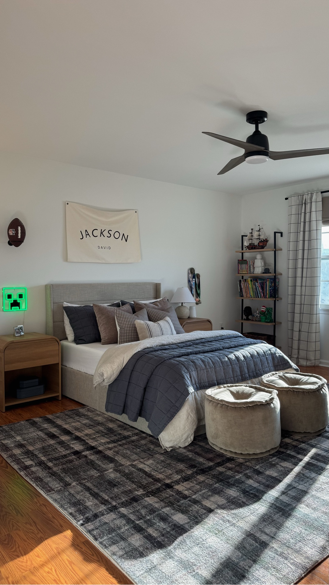 The ultimate bedroom glow up! Finally replaced the last outdated piece in my son's room and it is pure
perfection. The dark features on this ceiling fan from @urbanambiancesocial coordinate so well with a lot of the darker accents in this bedroom. It really pulls it all together and I couldn't be happier!

#urbanambiancesocial boys bedroom, kids bedroom, ceiling fan, bedroom decor, kids roomm

#LTKHome