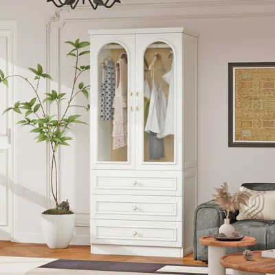 100% Solid Wood Armoire Closet with 3 Drawers & Hanging Rod, White | Wayfair North America