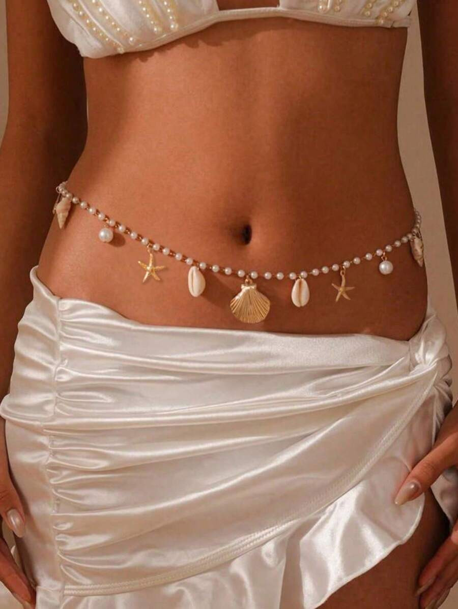1pc Ocean Beach Holiday Style Shell & Starfish Faux Pearl Chain Waist Belt, Delicate Elegant, Sui... | SHEIN