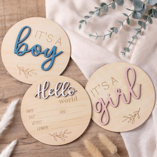 Gender Reveal Sign for Baby Birth: 3Pcs It's A Boy Girl & Hello World Announcement Sign for Hospital - Wooden Newborn Welcome Board for New Boys and Girls | Amazon (US)