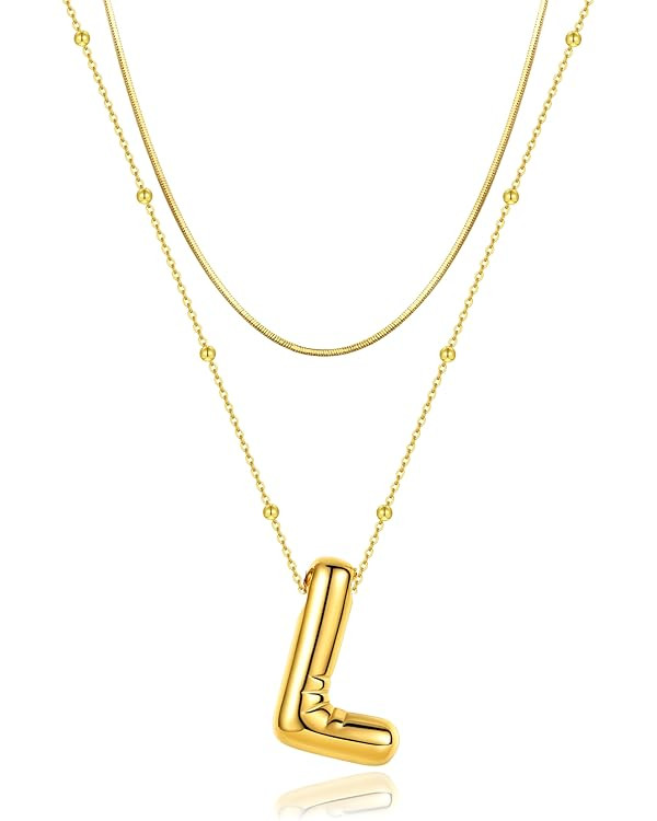 LUCA SMITH 2-Piece Initial Necklaces for Women, Dainty Balloon Bubble A-Z Letter Necklace Set, Na... | Amazon (US)