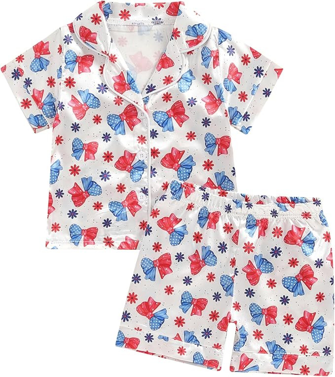 Multitrust 4th of July Baby Girl Boy Silk Pajamas Set USA Flag Short Sleeve Button Down Shirts an... | Amazon (US)
