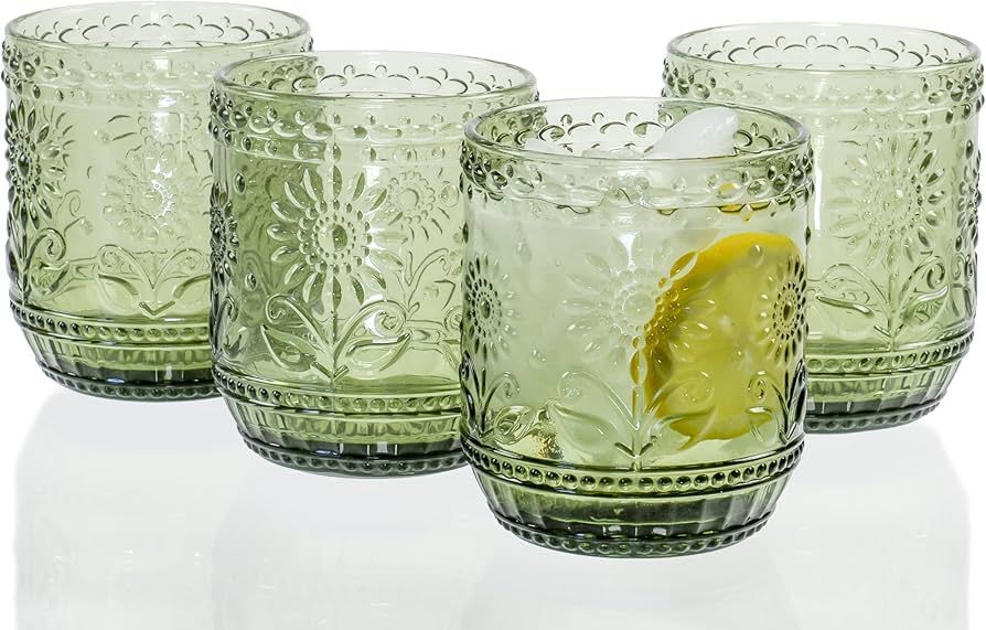 Vintage Botanist Drinking Glass Set, Luxurious Floral Embossed Decorative Green Glassware, Set of... | Amazon (US)