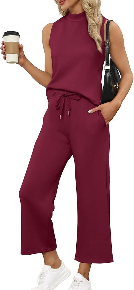 SAMPEEL Two Piece Sets for Women Summer Outfits Lounge Sets Mock Neck Tops Wide Leg Crop Pants Va... | Amazon (US)