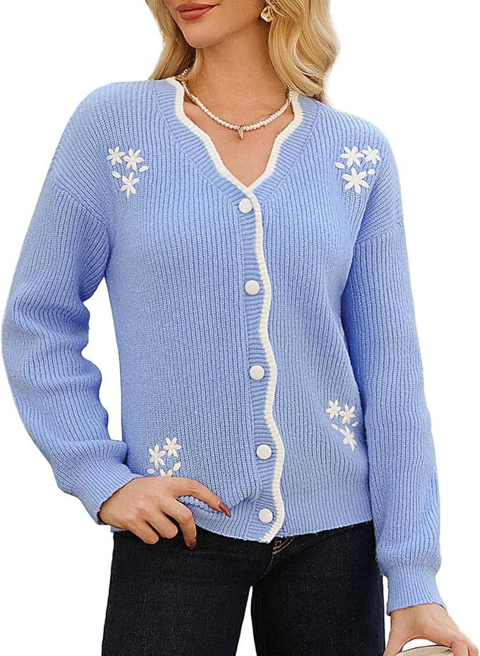GRACE KARIN Flower Sweater Cardigan for Women, Button Down Long Sleeve Cardigans, Embroidered Ope... | Amazon (US)