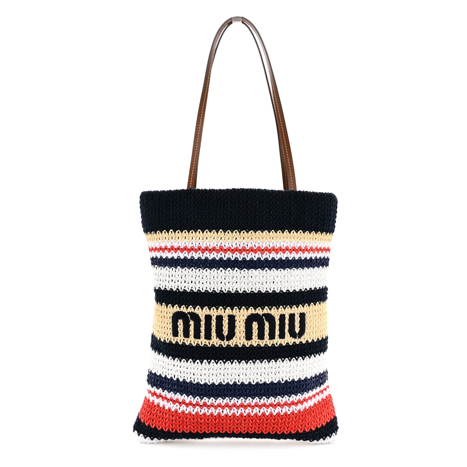 Miu Miu Raffia Crochet Stripe Vertical Tote Bag Blue Red Natural 1922509 | FASHIONPHILE (US)