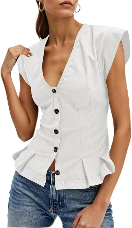 Cicy Bell Womens Deep V Neck Vest Tops Cap Sleeve Cropped Ruffle Shirts Button Up Cotton Fitted B... | Amazon (US)