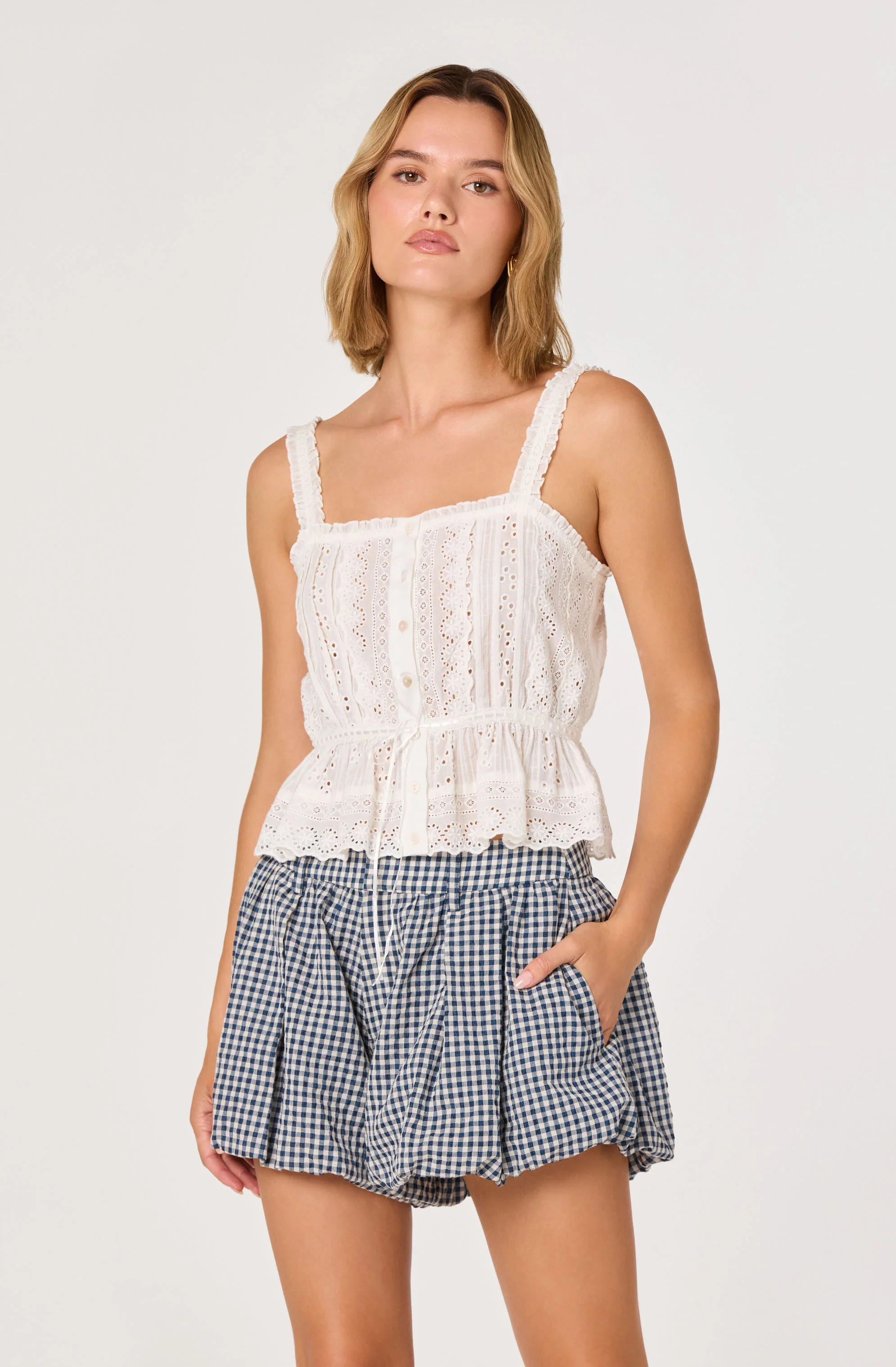 ASTR the Label | Saanvi Eyelet Lace Peplum Top in White | Size L | ASTR The Label (US)
