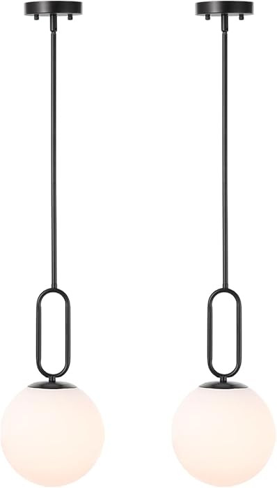 Modern Black Globe Pendant Light Milky White Globe Glass Shade 2 Pack Adjustable Rods Hanging Cei... | Amazon (US)
