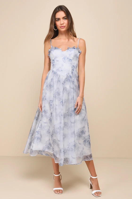 Graceful Simplicity Blue Floral Print Bustier Midi Dress | Lulus