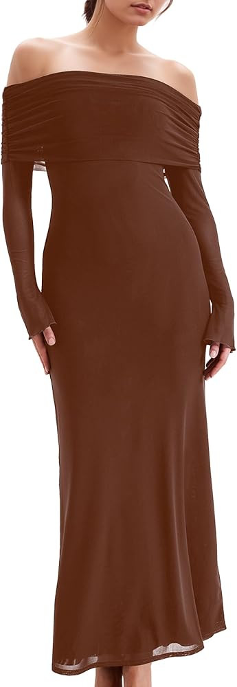ISZPLUSH Women’s Bodycon Maxi Dress Sexy Off Shoulder Long Sleeve Mesh Party Formal Wedding Gue... | Amazon (US)
