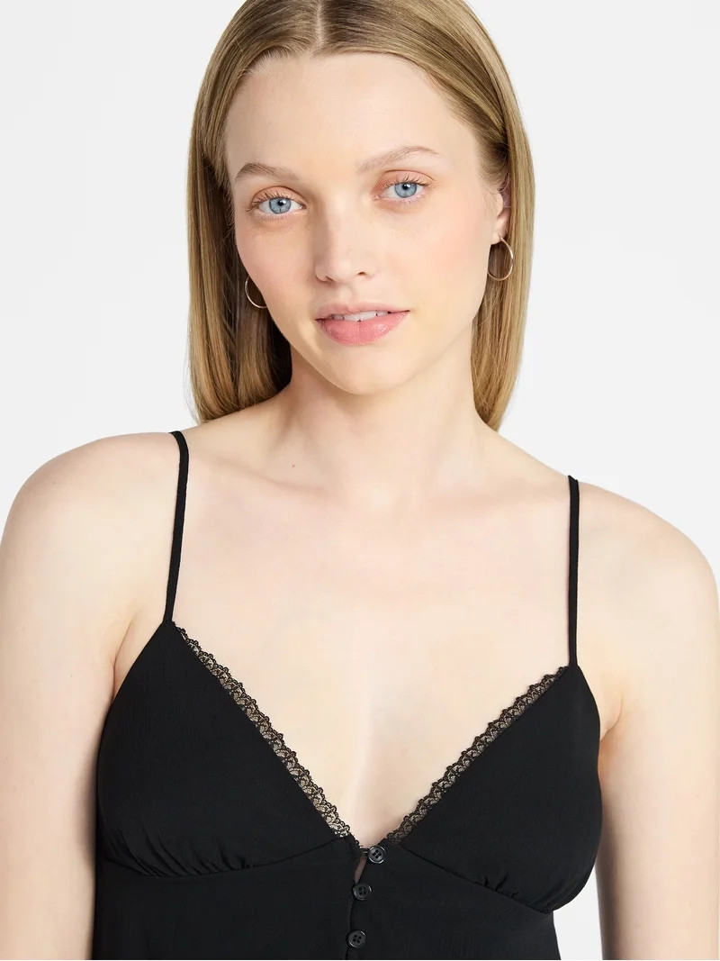 No Boundaries Button Front Ruffle Lace Trim Cami Top, Women's XXS-XXL | Walmart (US)