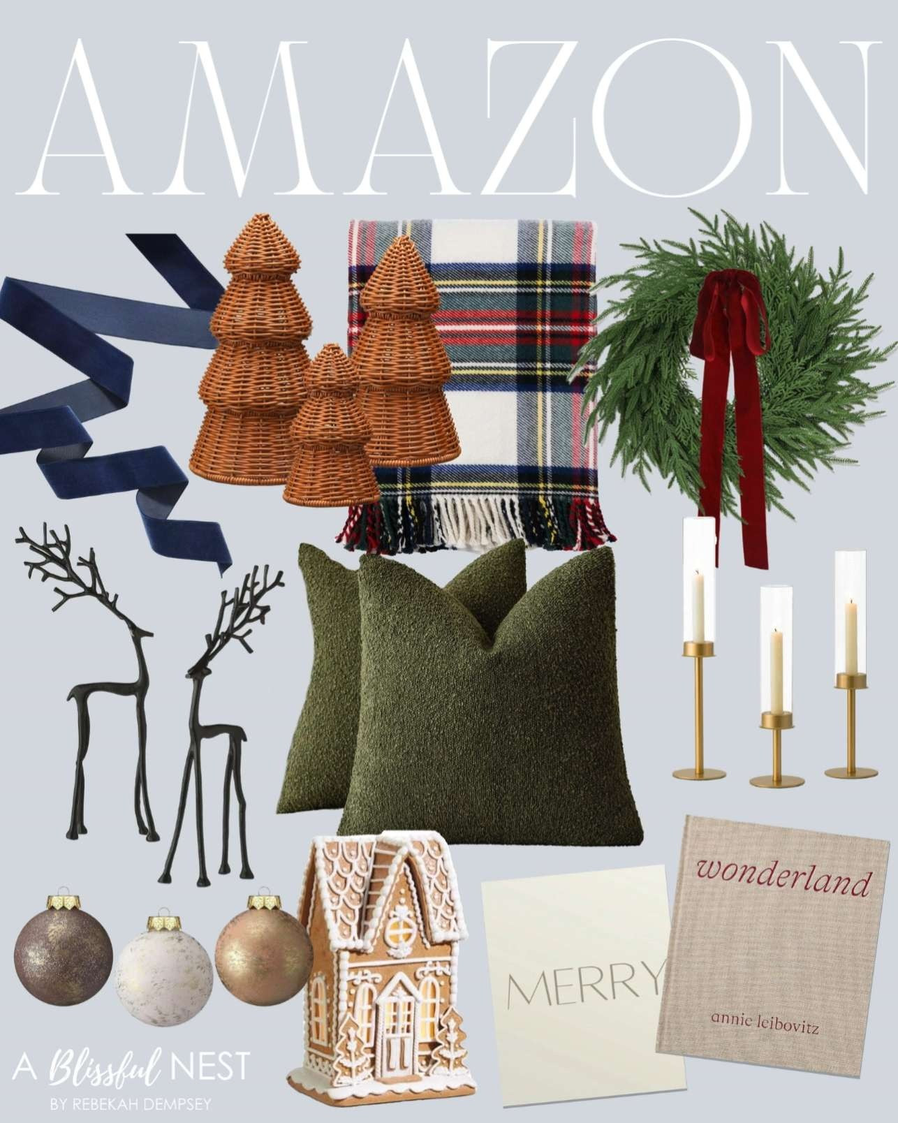 These pieces bring such an easy festive touch to any room. Tap to shop the whole collection.
neutral textured Christmas ball, metal deer sculpture, artificial Norfolk pine & cedar Christmas wreath, rattan Christmas tree decor, decorative textured pillows, gold candle holders, navy velvet ribbon, holiday decorative throw blanket, decorative books, gingerbread house figurine 

 #LTKHoliday #LTKSeasonal #LTKHome