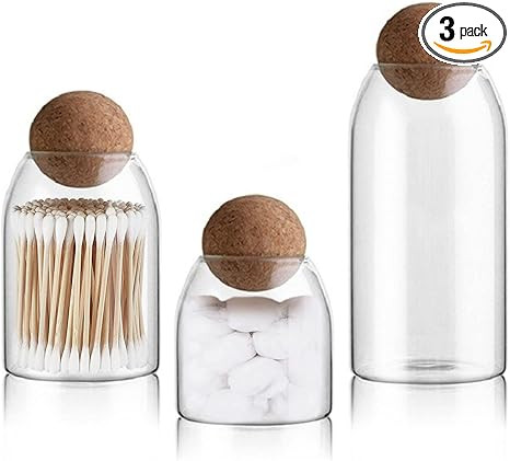 Ansqu 3 Piece Glass Storage Containers with Airtight Seal Wood Cork Ball Lids, Apothecary Jars wi... | Amazon (US)