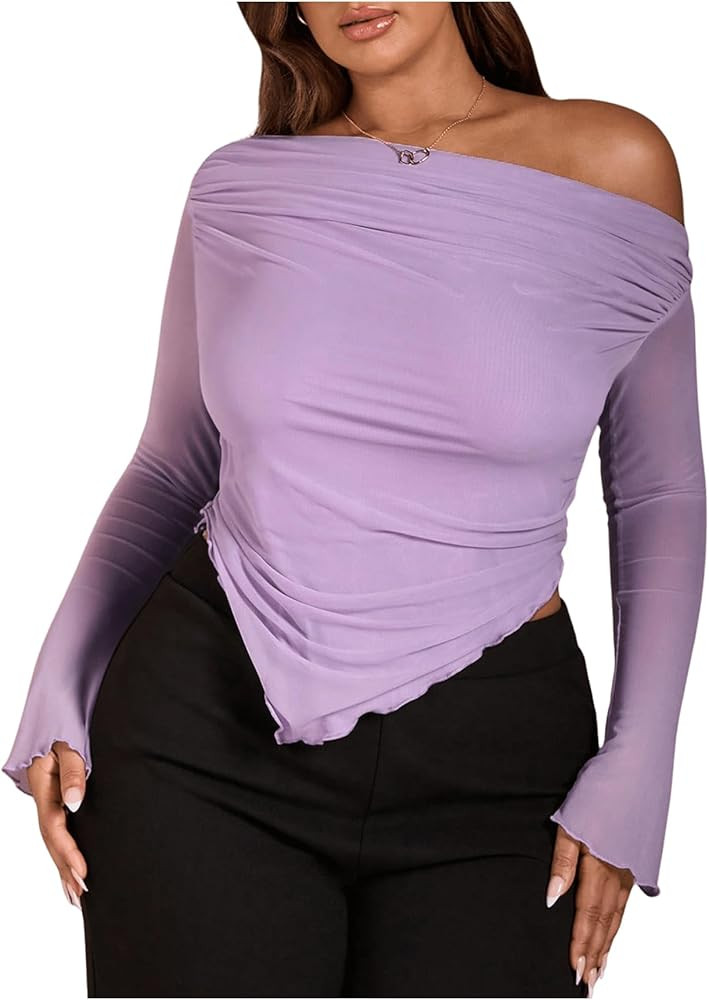 WDIRARA Women's Plus Size Off Shoulder Mesh Ruched Asymmetrical Long Sleeve Knitted Tops T Shirt | Amazon (US)