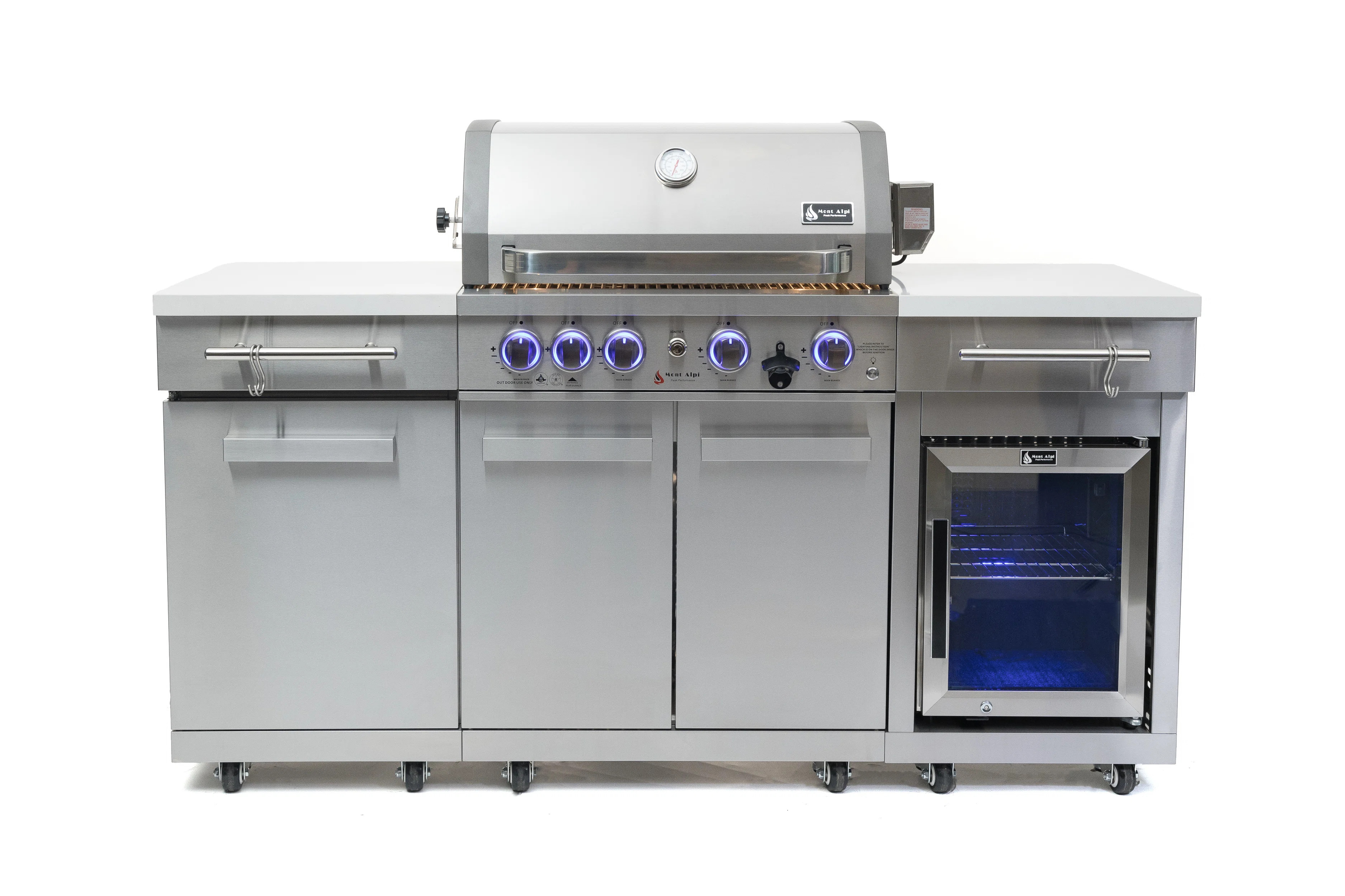 Mont Alpi Premium 70"W x 24"D x 46"H Stainless Steel Compact Outdoor Kitchen Island with Refrigerator + 32"W 4-Burner BBQ Grill with Rear Burner + Granite Countertops + Storage Cabinets + Rotisserie + Cover + Natural Gas Convertible + Lifetime Warranty | Wayfair North America