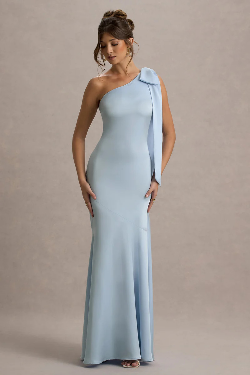 Here For Love  Powder Blue Satin Asymmetric Maxi Dress With Bow | Club L London