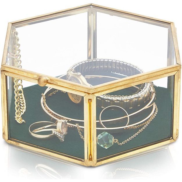 Velvet Glass Jewelry Box, Gold Hexagon Box for Trinkets (5 x 4.5 x 2.1 In) | Target