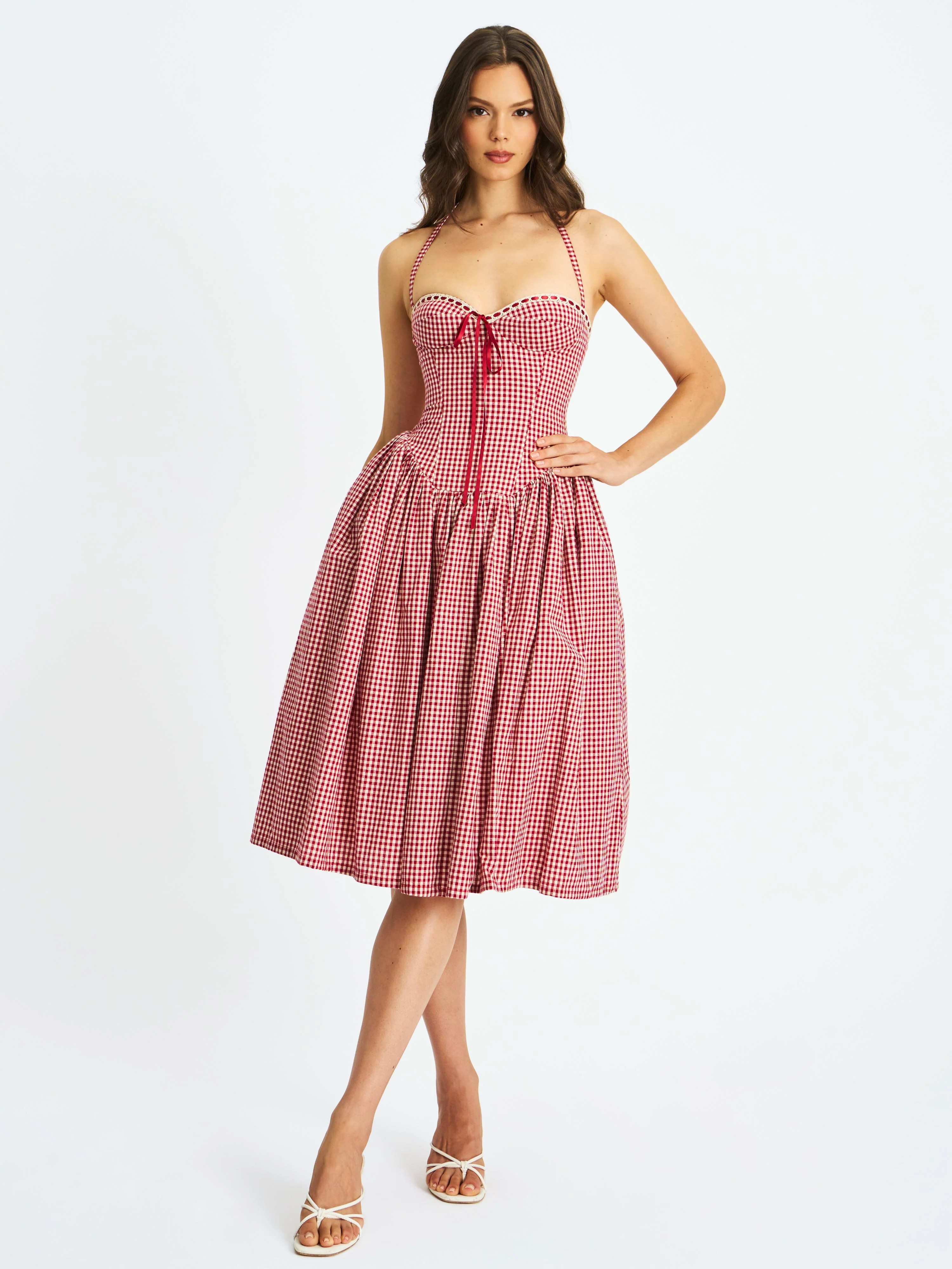 Miss Circle Women Susanna Red Gingham Halter Drop Waist Midi Dress | Shop Simon