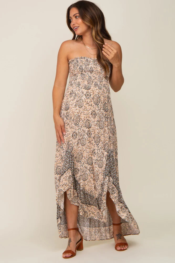 Taupe Floral Asymmetrical Maternity Maxi Dress | PinkBlush Maternity