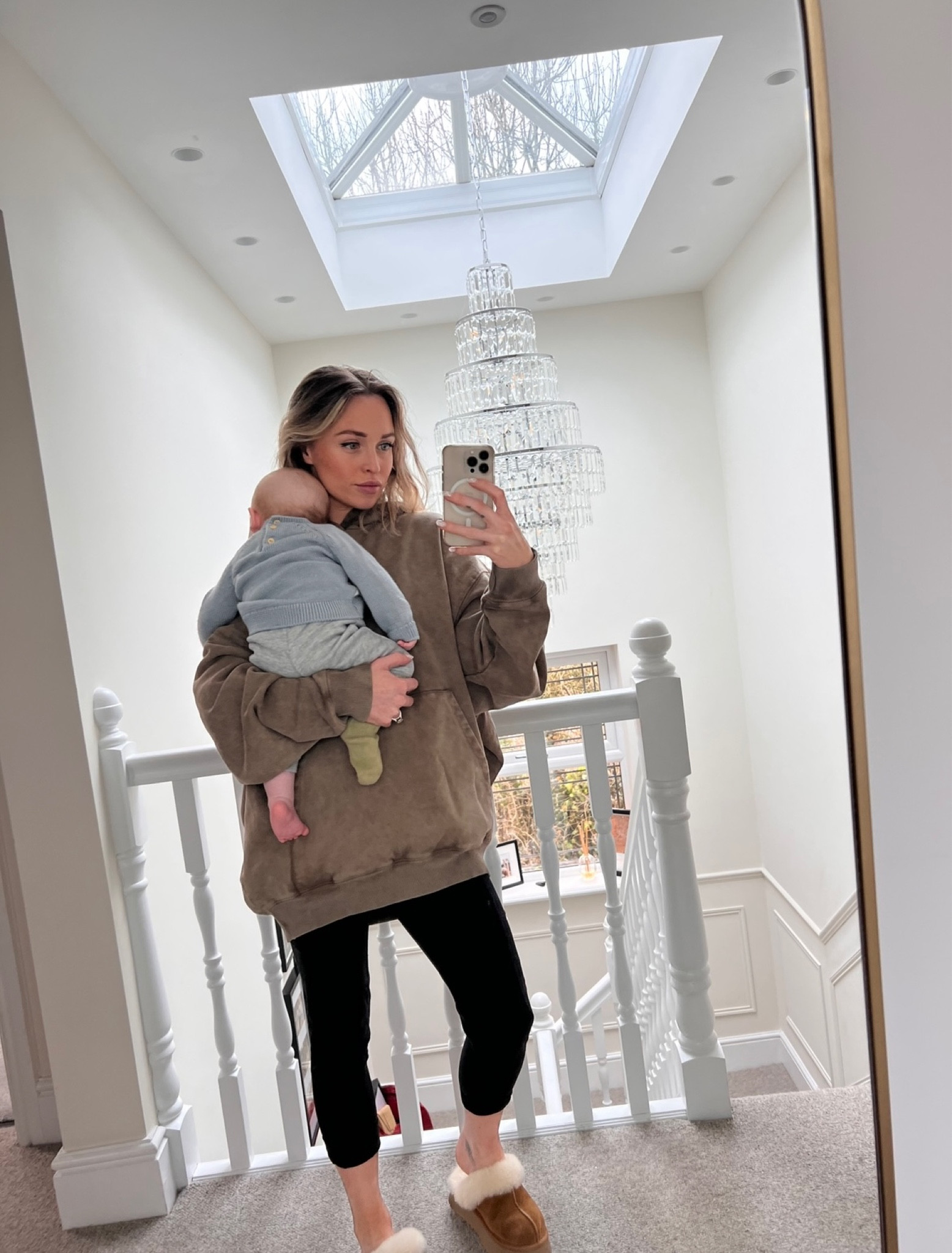 Loungewear, Khaki Hoodie, black leggings, UGG Slippers, baby wear,  Grey baby Top, baby leggings 

#LTKstyletip #LTKbaby #LTKSeasonal