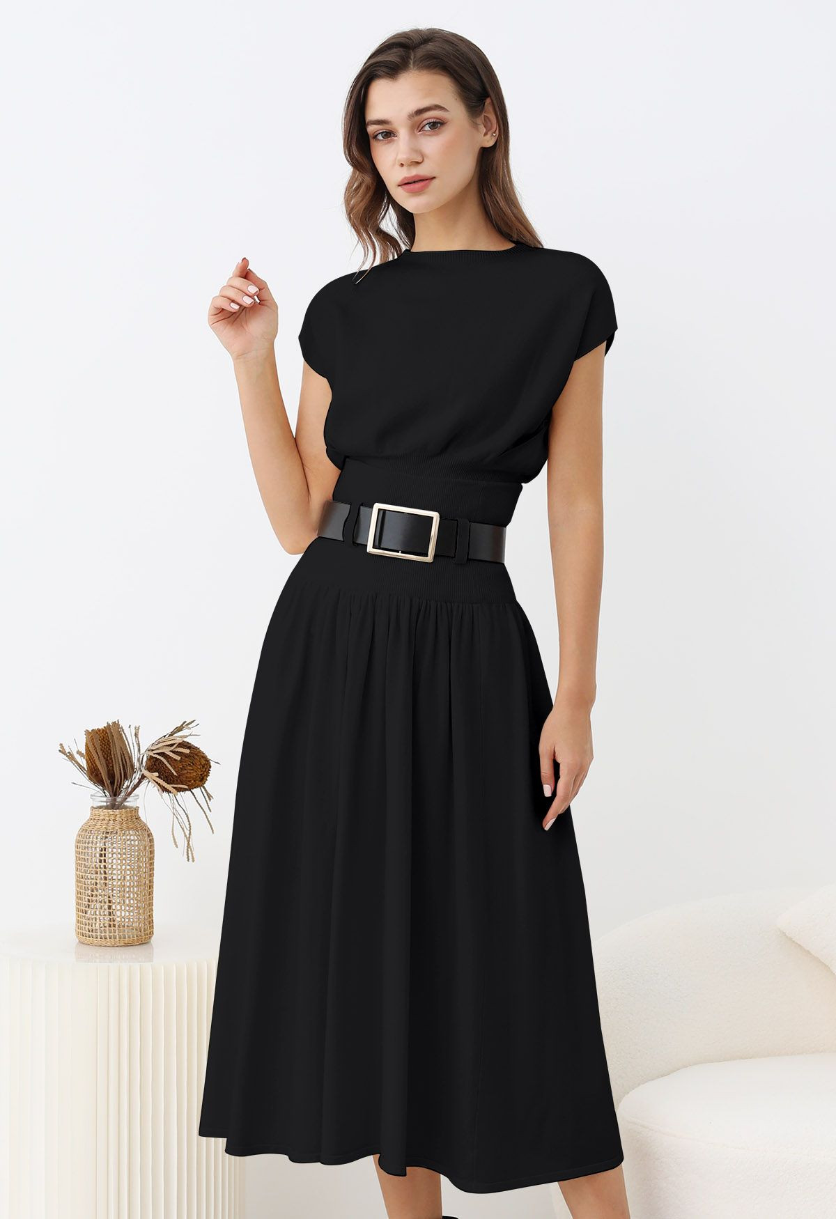 Gentle Knit Top and Belted High Waist Skirt Set in Black | Chicwish