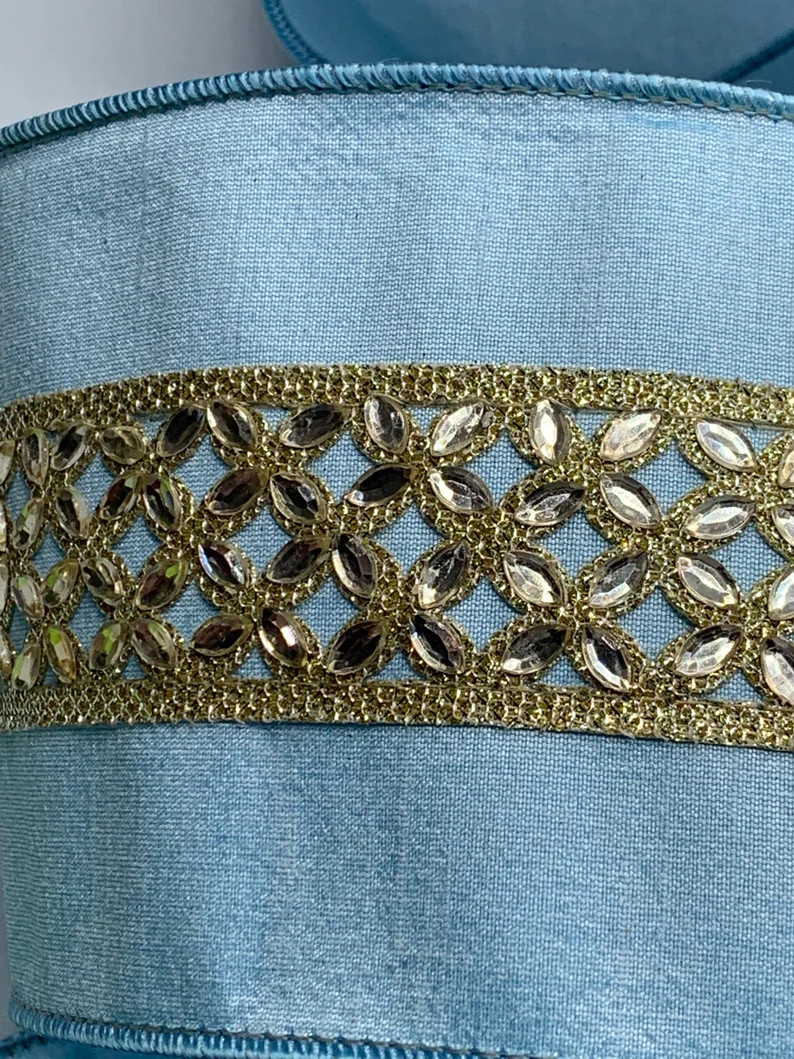4" Spring Jewels Ribbon ~ Light Blue ~ Blue Fused Back ~ Gold Jewel Center ~ Wired Edges ~ Farris... | Etsy (US)
