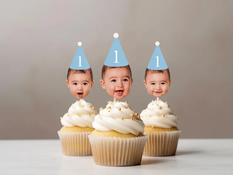 Custom Baby Face Photo Party Hat Cupcake Topper for First Birthday Face on Stick Pastel Theme Dec... | Etsy (Global)