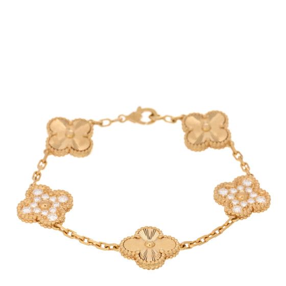 18K Yellow Gold Diamond 5 Motifs Guilloche Vintage Alhambra Bracelet | FASHIONPHILE (US)