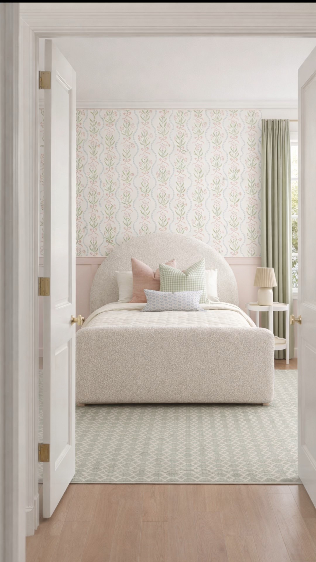Girls bedroom decor mood board, pink and green girls room design, kids bedroom decor ideas, twin bed, bedding, home decor, girls room inspiration 


