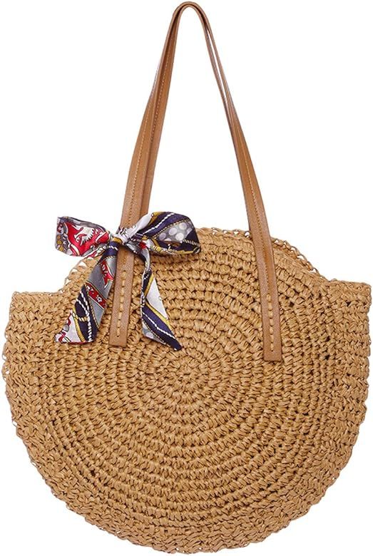 Women Round Straw Bag Large Summer Beach Straw Tote Bag Woven Purse Handle Shoulder Bag for Women... | Amazon (US)