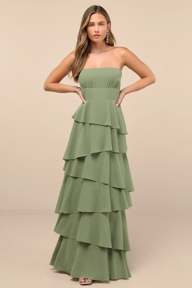 Gorgeous Essence Sage Strapless Tiered Maxi Dress | Lulus