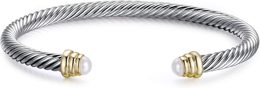 Brass Alloy Cable Wire Pearl Cuff Bracelet | Amazon (US)
