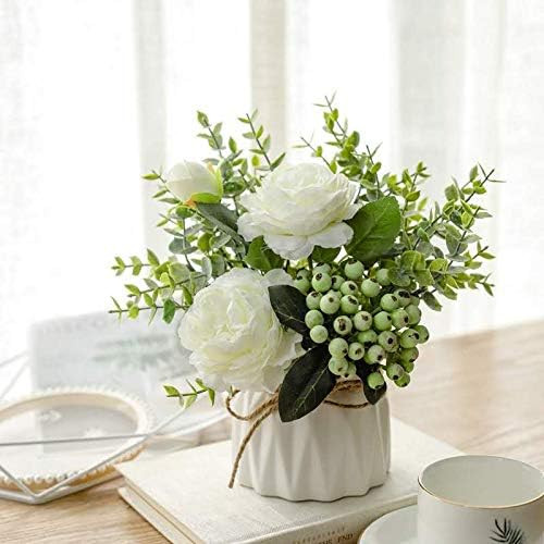 NAWEIDA Artificial Flowers with Small Ceramic Vase Silk Roses Fake Plants Eucalyptus Leaves Berri... | Amazon (US)