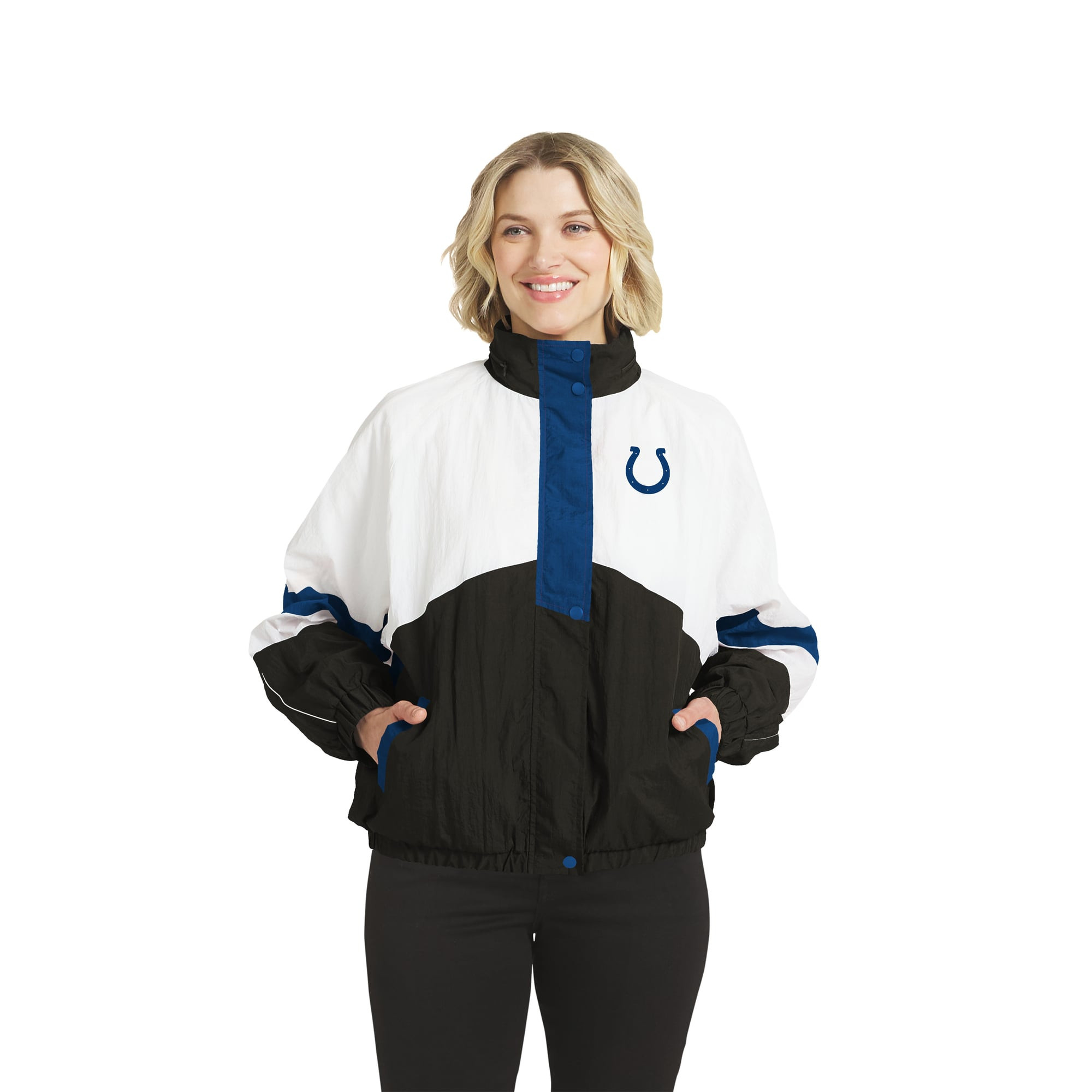Women's WEAR by Erin Andrews  White/Royal Indianapolis Colts Crinkle Full-Snap Hooded Windbreaker Jacket | Fanatics